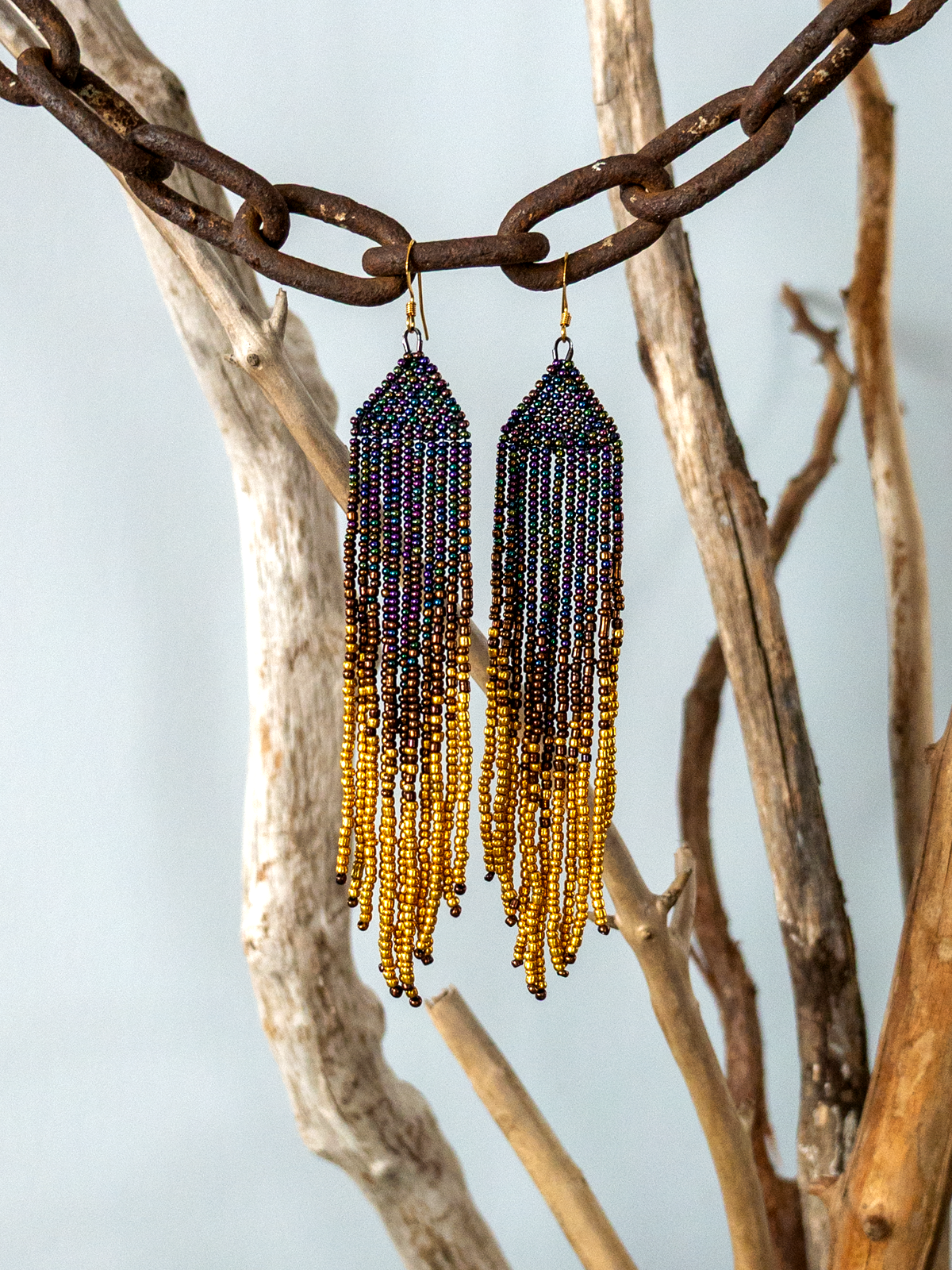 Eggplant gold fringe earrings